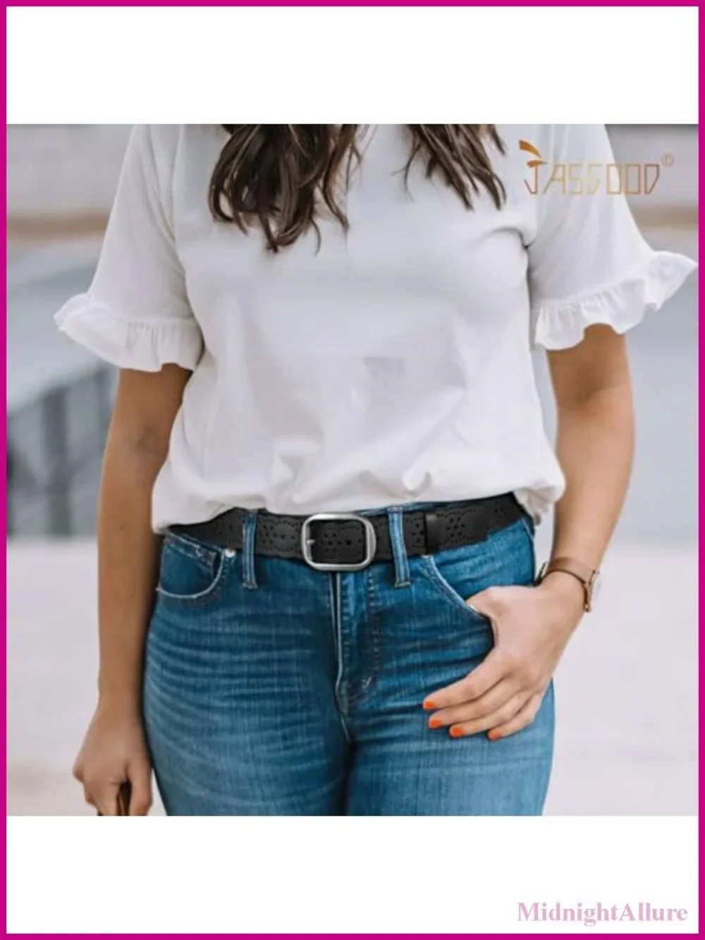 Genuine Leather Wide Belt Hollow Flower Buckle for Jeans Pants